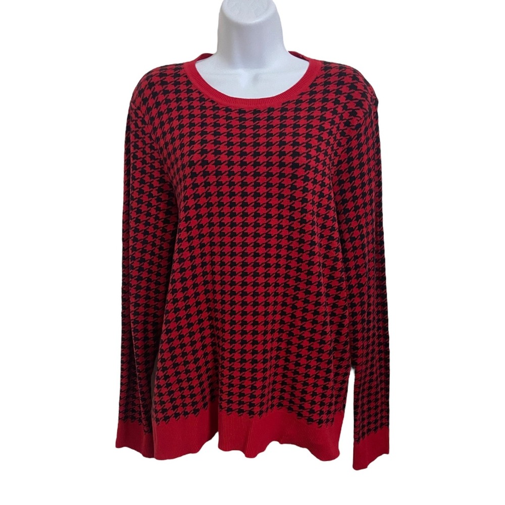Kim Rogers Houndstooth Sweater Red Black Cotton Blend Long Sleeve Size‎ XXL
